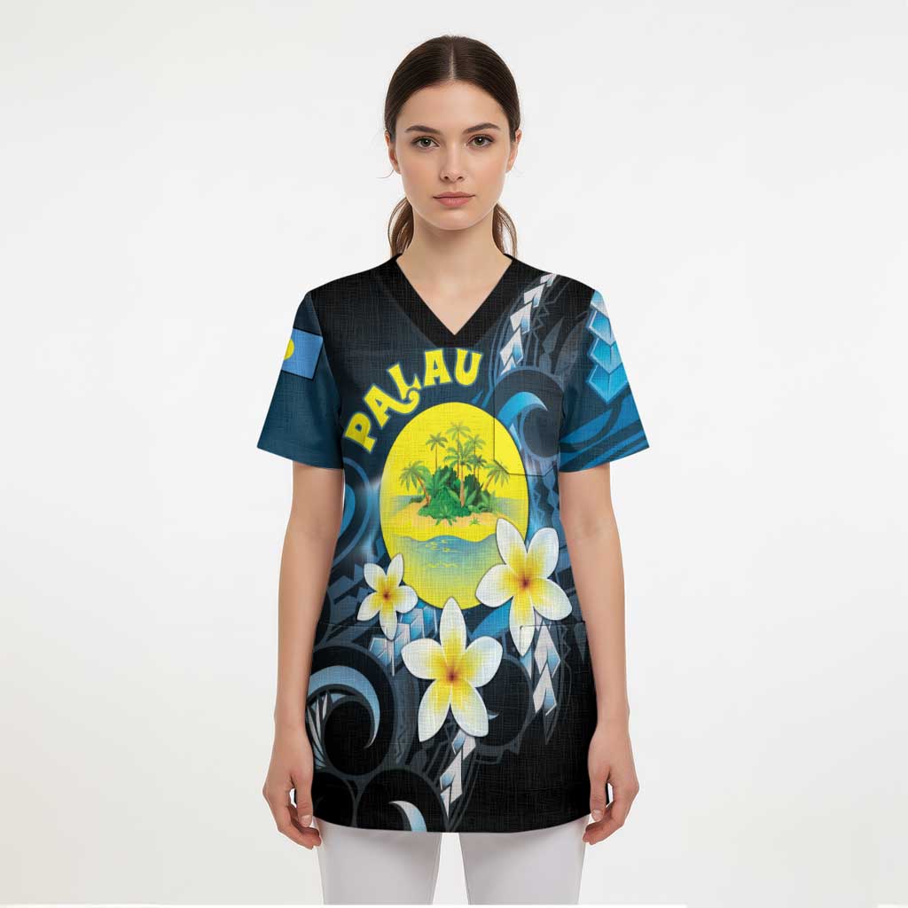 Palau United Nations Day Scrub Top Polynesian Curves Plumeria LT05 - Polynesian Pride