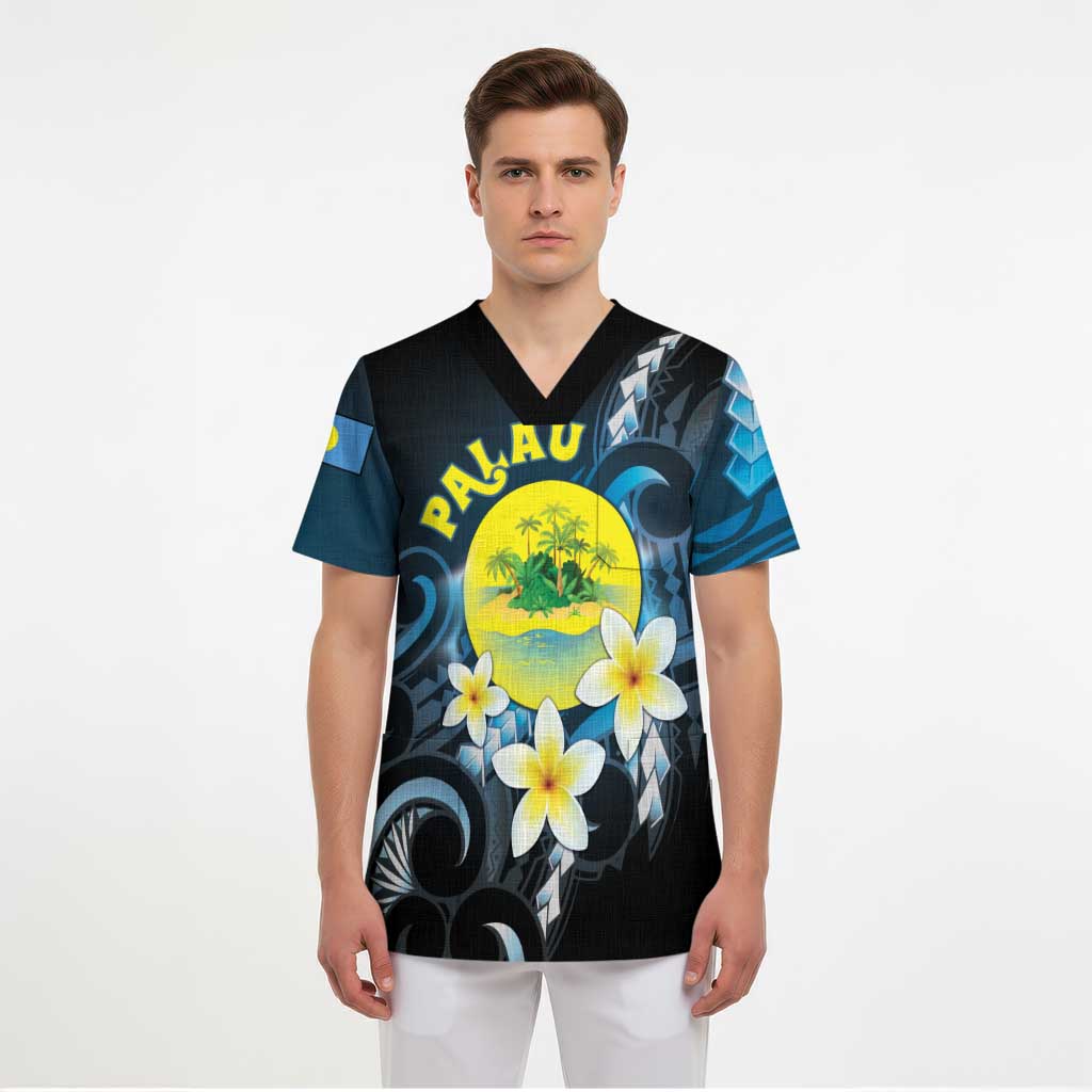Palau United Nations Day Scrub Top Polynesian Curves Plumeria LT05 - Polynesian Pride