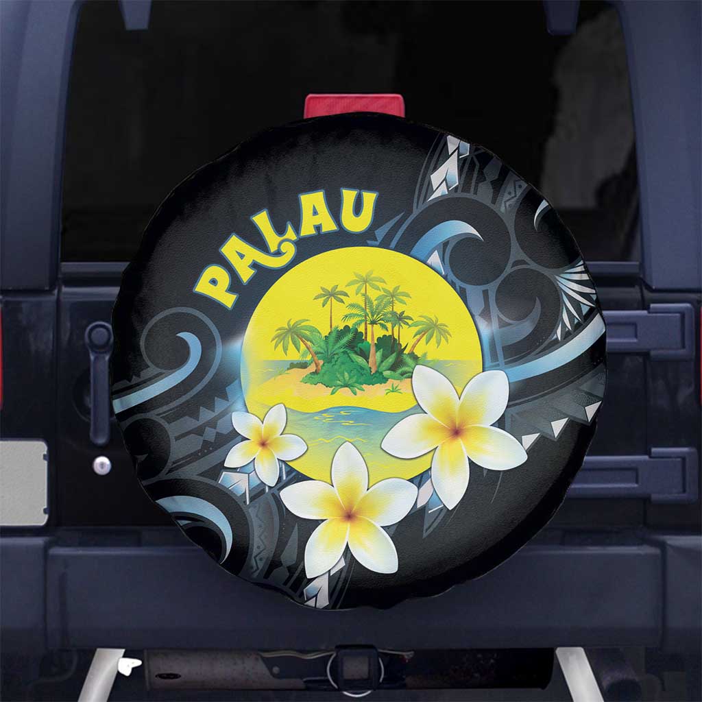 Palau United Nations Day Spare Tire Cover Polynesian Curves Plumeria LT05 No hole Black - Polynesian Pride