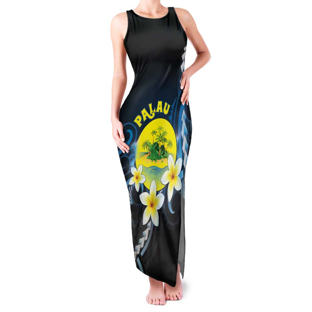 Palau United Nations Day Tank Maxi Dress Polynesian Curves Plumeria LT05 Women Black - Polynesian Pride