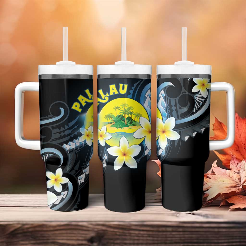 Palau United Nations Day Tumbler With Handle Polynesian Curves Plumeria LT05 - Polynesian Pride