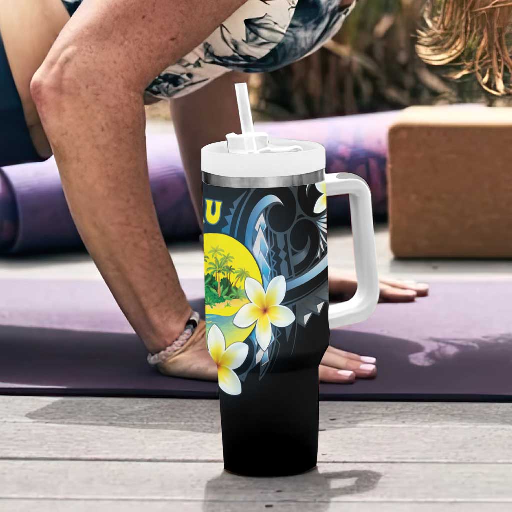 Palau United Nations Day Tumbler With Handle Polynesian Curves Plumeria LT05 - Polynesian Pride