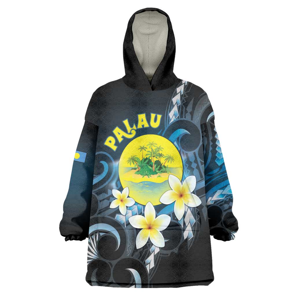 Palau United Nations Day Wearable Blanket Hoodie Polynesian Curves Plumeria LT05 One Size Black - Polynesian Pride