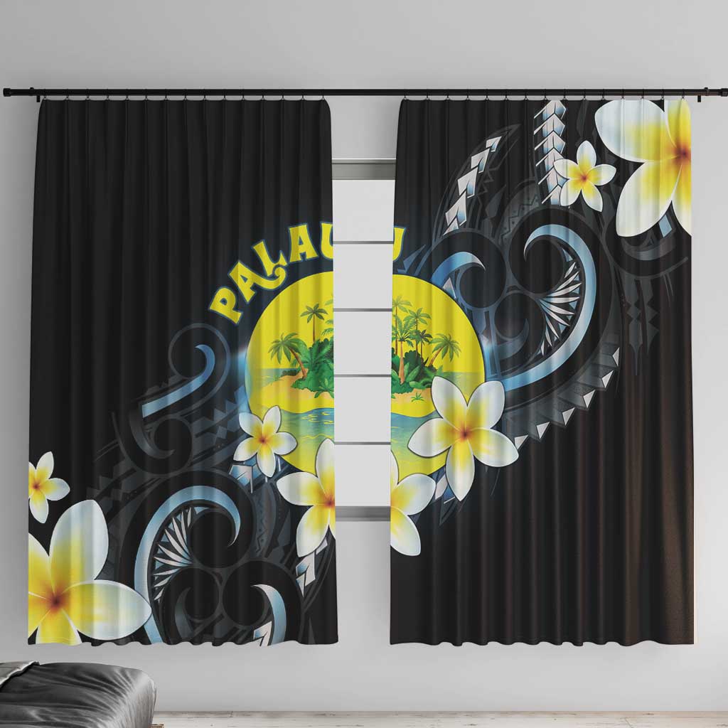 Palau United Nations Day Window Curtain Polynesian Curves Plumeria LT05 With Hooks Black - Polynesian Pride