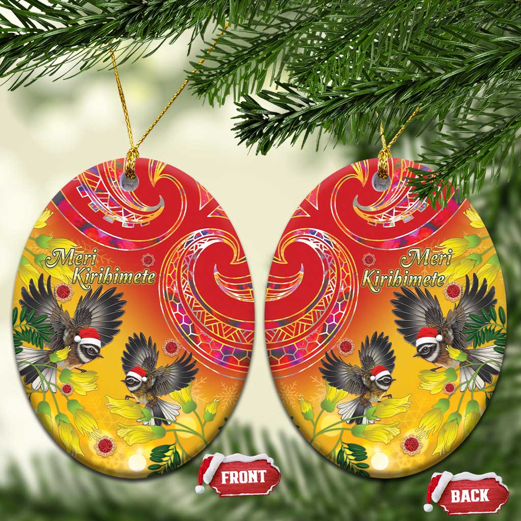 New Zealand Piwakawaka Christmas Ceramic Ornament With Maori Pattern LT05 Oval Yellow - Polynesian Pride