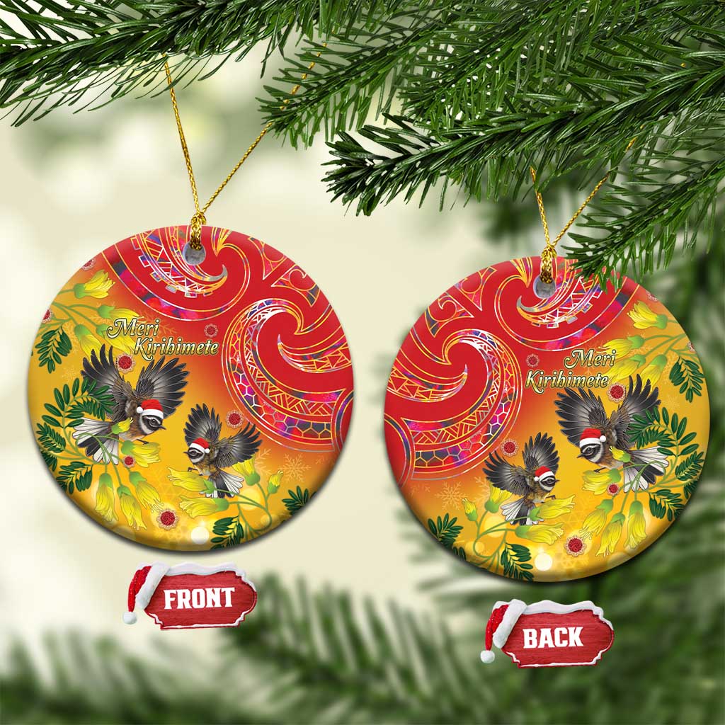 New Zealand Piwakawaka Christmas Ceramic Ornament With Maori Pattern LT05 Circle Yellow - Polynesian Pride