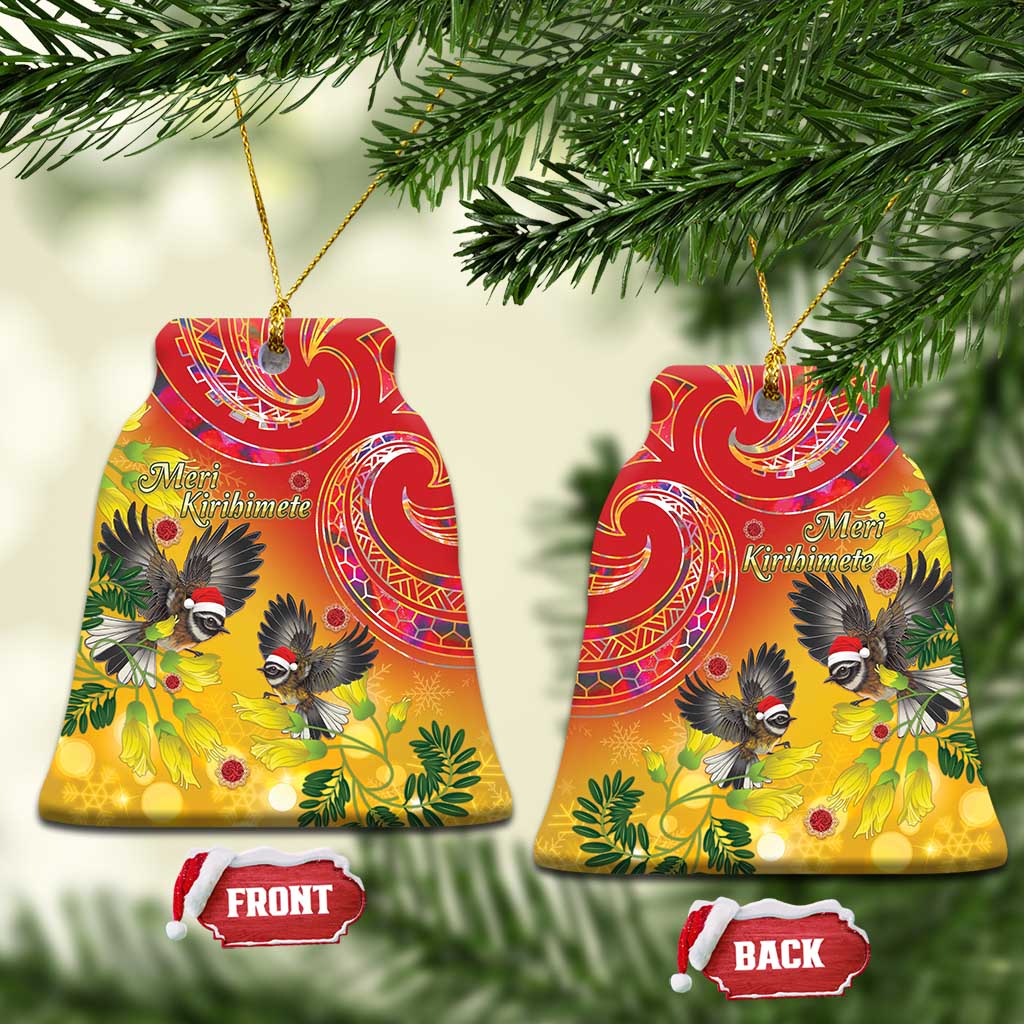 New Zealand Piwakawaka Christmas Ceramic Ornament With Maori Pattern LT05 Bell Flake Yellow - Polynesian Pride