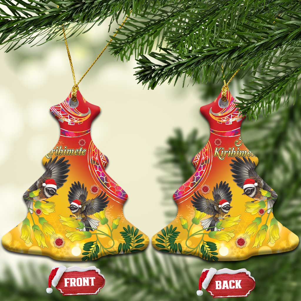 New Zealand Piwakawaka Christmas Ceramic Ornament With Maori Pattern LT05 Christmas Tree Yellow - Polynesian Pride