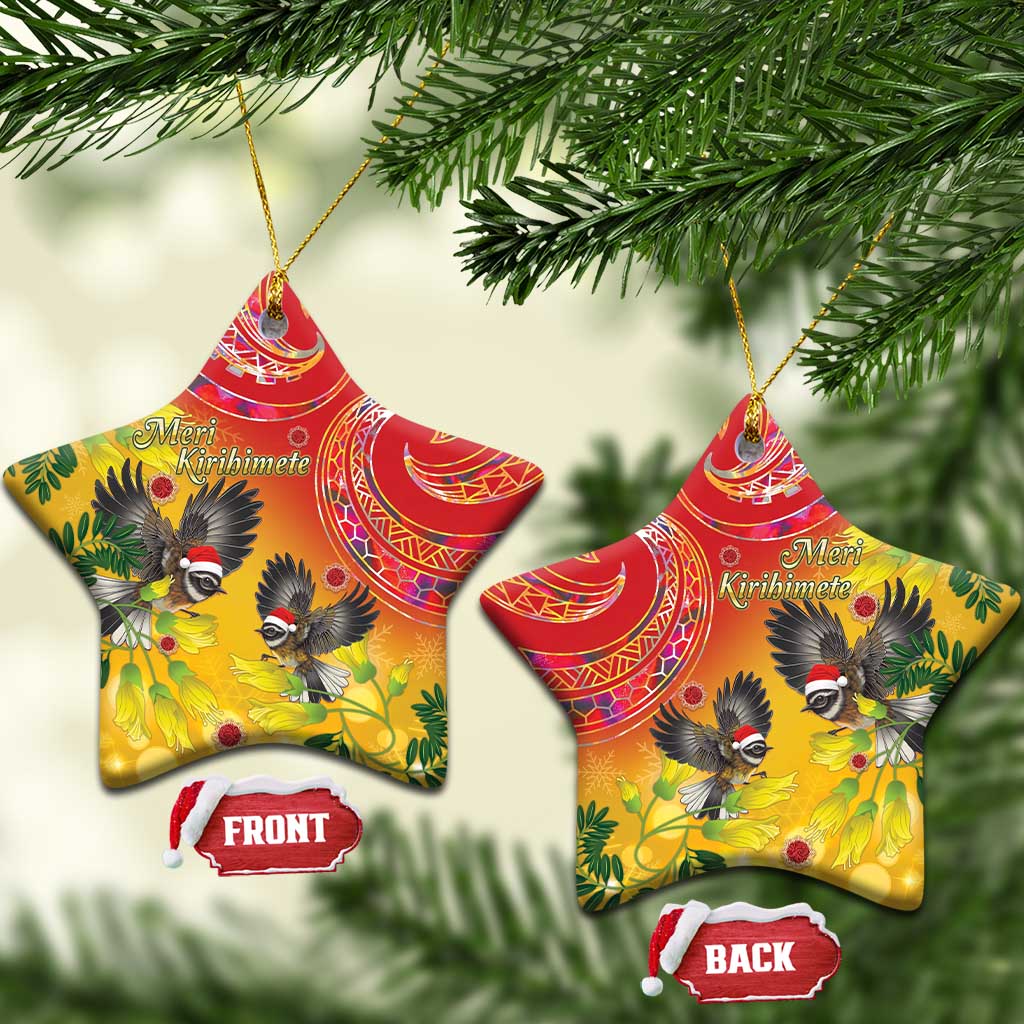 New Zealand Piwakawaka Christmas Ceramic Ornament With Maori Pattern LT05 Star Yellow - Polynesian Pride