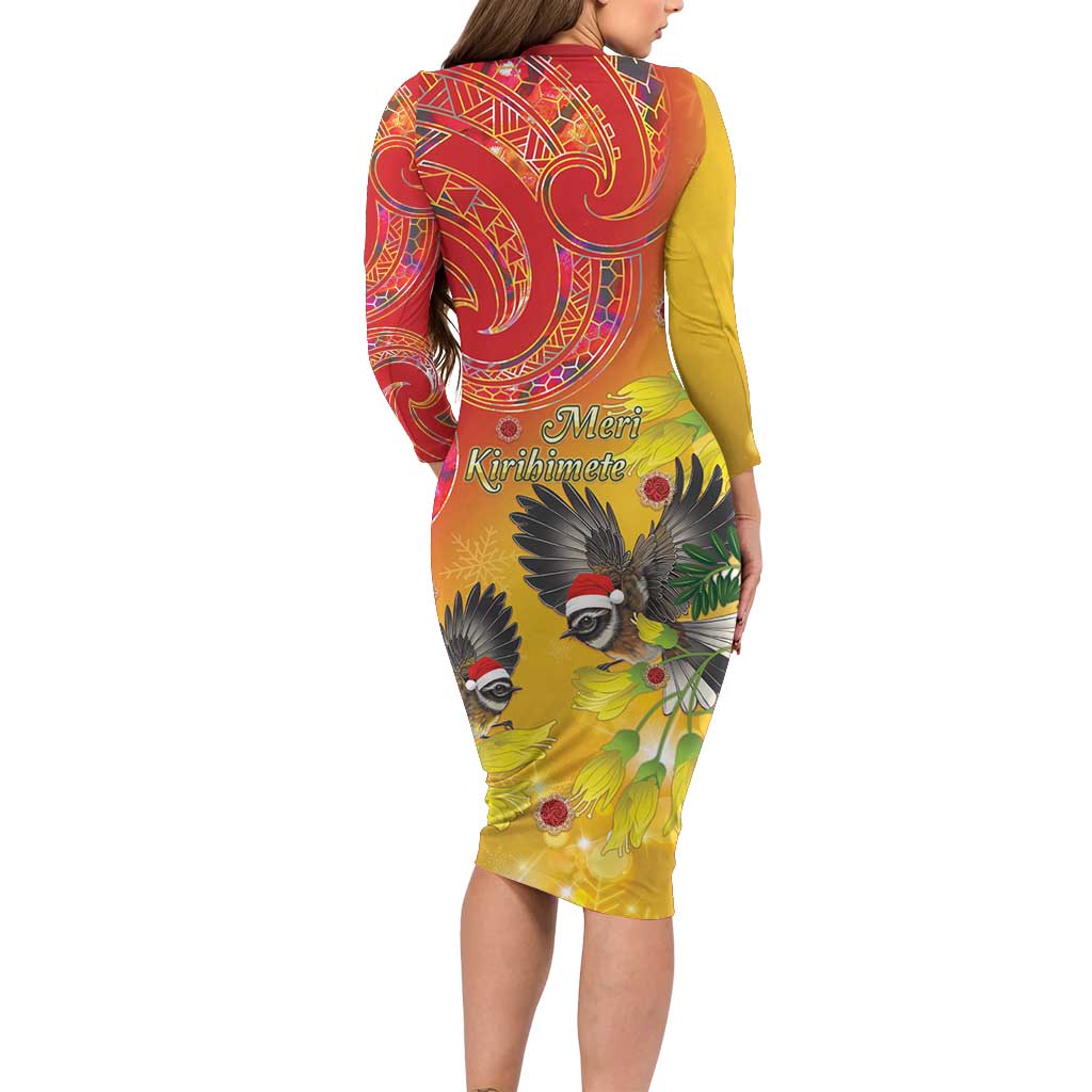 New Zealand Piwakawaka Christmas Long Sleeve Bodycon Dress With Maori Pattern LT05 - Polynesian Pride