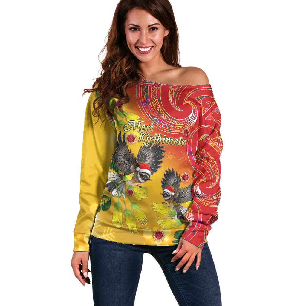 New Zealand Piwakawaka Christmas Off Shoulder Sweater With Maori Pattern LT05 Women Yellow - Polynesian Pride
