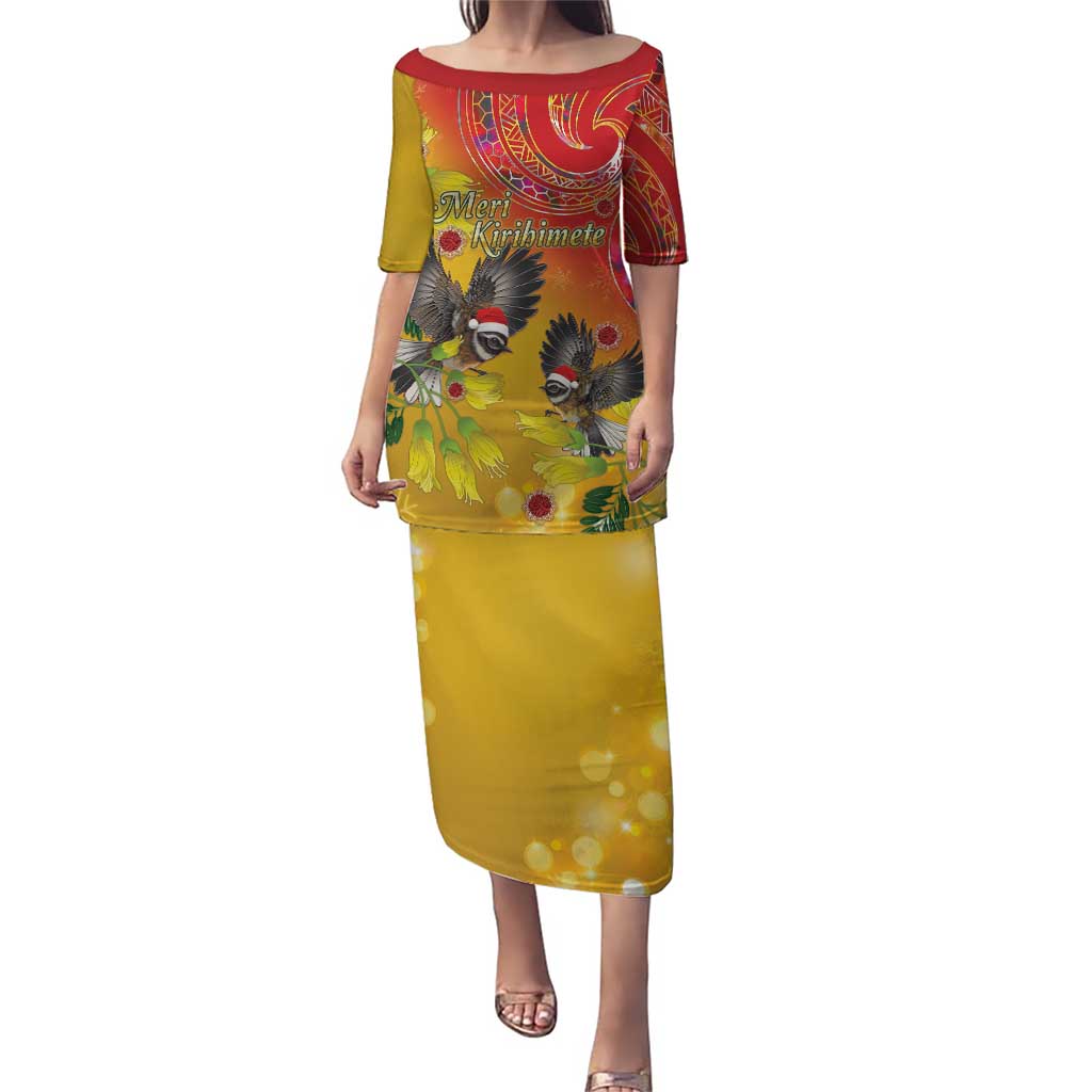 New Zealand Piwakawaka Christmas Puletasi With Maori Pattern LT05 Long Dress Yellow - Polynesian Pride