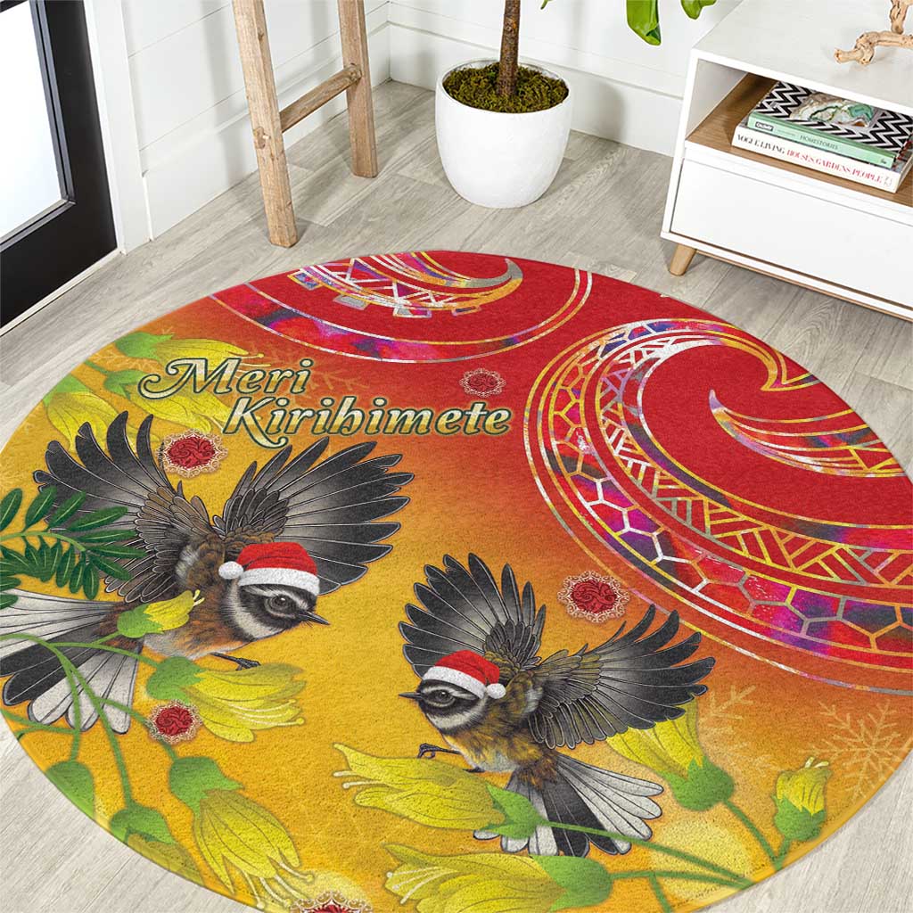 New Zealand Piwakawaka Christmas Round Carpet With Maori Pattern LT05 Yellow - Polynesian Pride