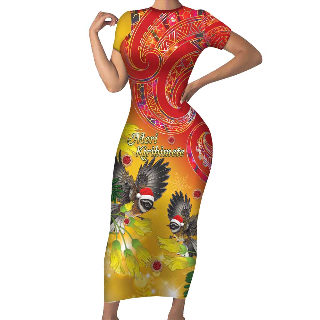 New Zealand Piwakawaka Christmas Short Sleeve Bodycon Dress With Maori Pattern LT05 Long Dress Yellow - Polynesian Pride