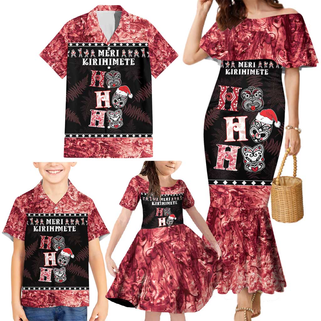 Personalised New Zealand Tiki Christmas Family Matching Mermaid Dress and Hawaiian Shirt Ho Ho Ho Paua Shell Glitter Red