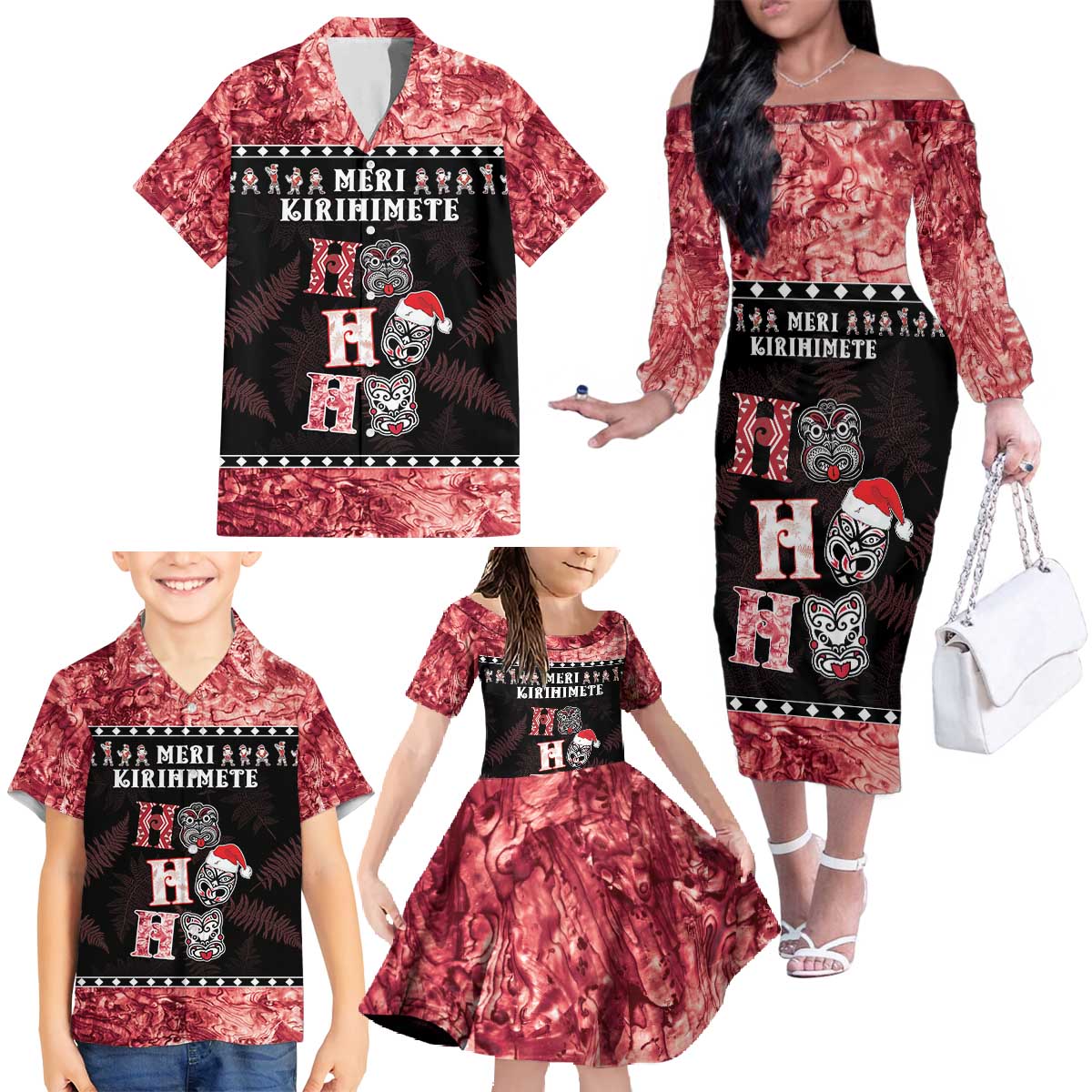 Personalised New Zealand Tiki Christmas Family Matching Off The Shoulder Long Sleeve Dress and Hawaiian Shirt Ho Ho Ho Paua Shell Glitter Red