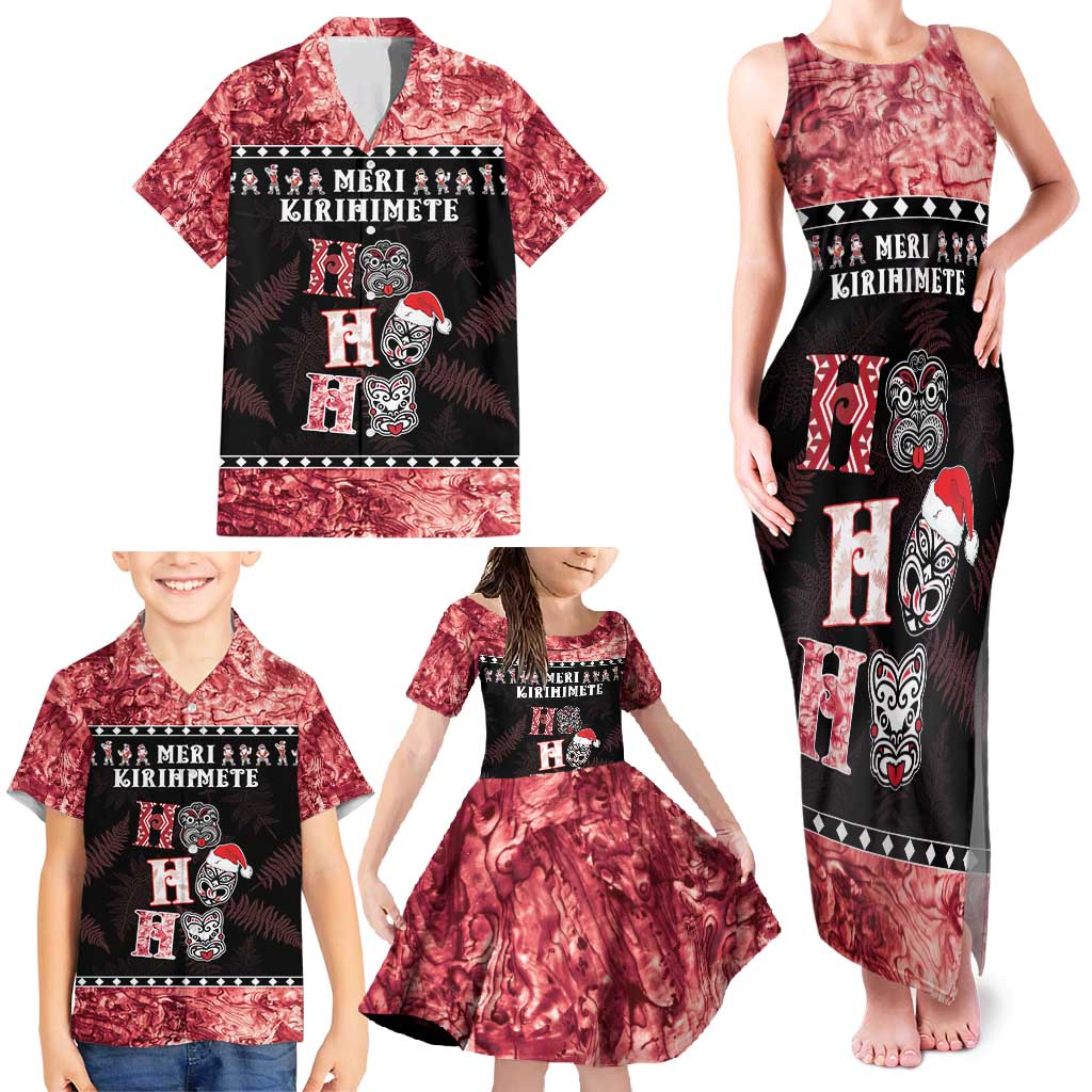 Personalised New Zealand Tiki Christmas Family Matching Tank Maxi Dress and Hawaiian Shirt Ho Ho Ho Paua Shell Glitter Red