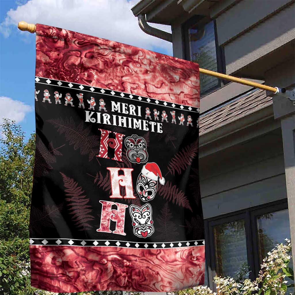 New Zealand Tiki Christmas Garden Flag Ho Ho Ho Paua Shell Glitter Red LT05 - Polynesian Pride