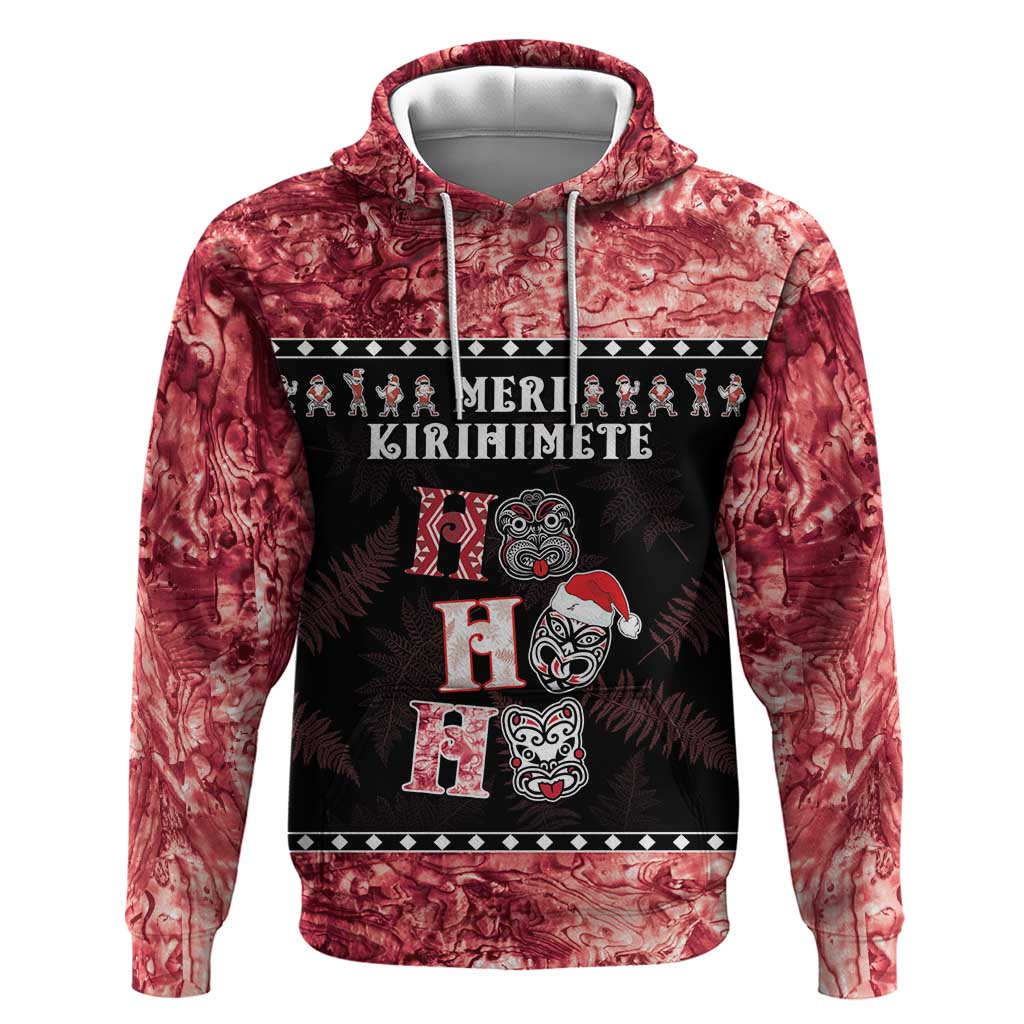 Personalised New Zealand Tiki Christmas Hoodie Ho Ho Ho Paua Shell Glitter Red