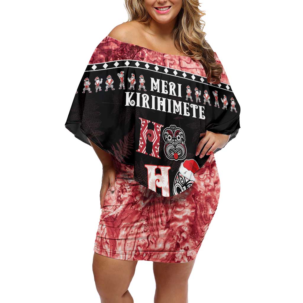 Personalised New Zealand Tiki Christmas Off Shoulder Short Dress Ho Ho Ho Paua Shell Glitter Red LT05 Women Black - Polynesian Pride