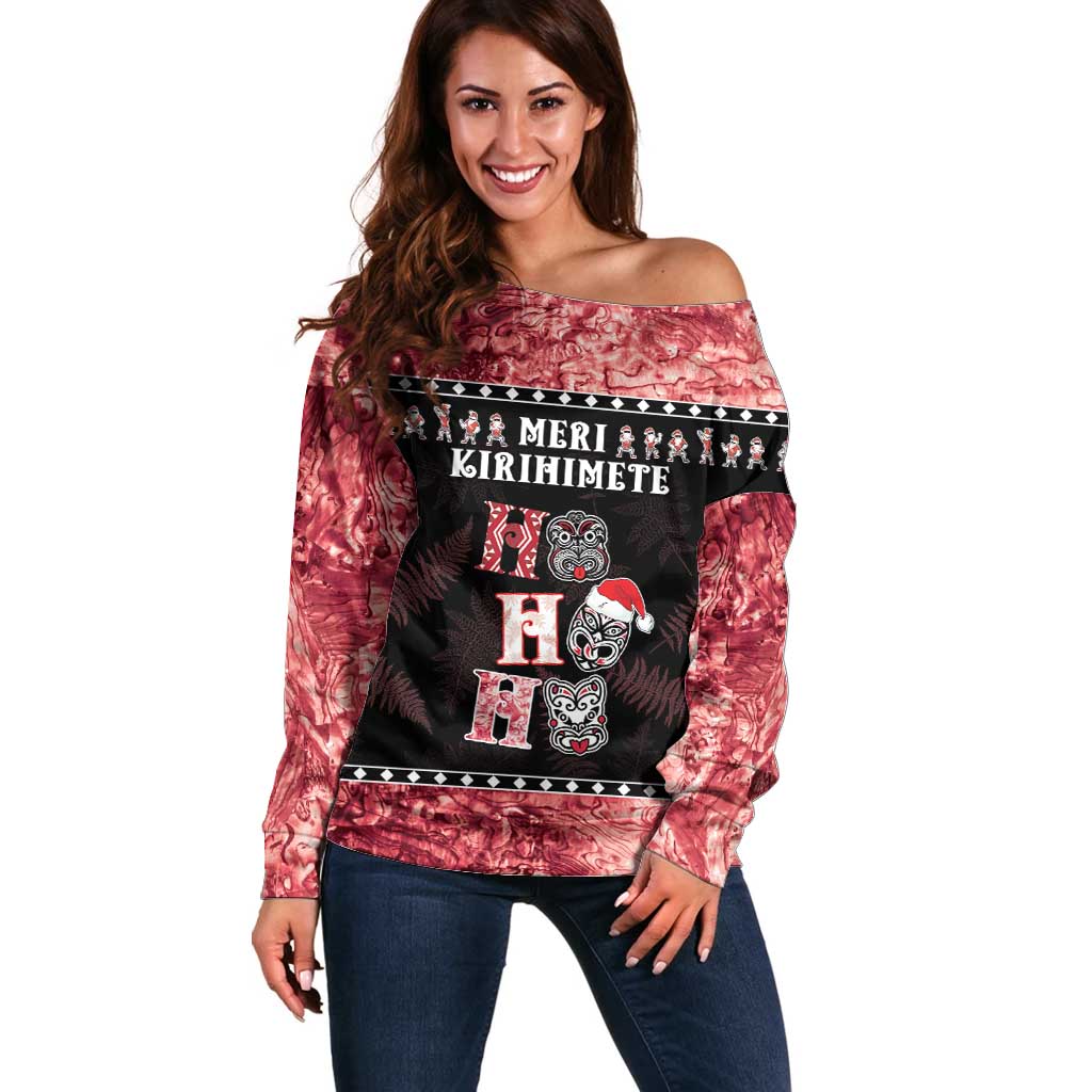 Personalised New Zealand Tiki Christmas Off Shoulder Sweater Ho Ho Ho Paua Shell Glitter Red LT05 Women Black - Polynesian Pride