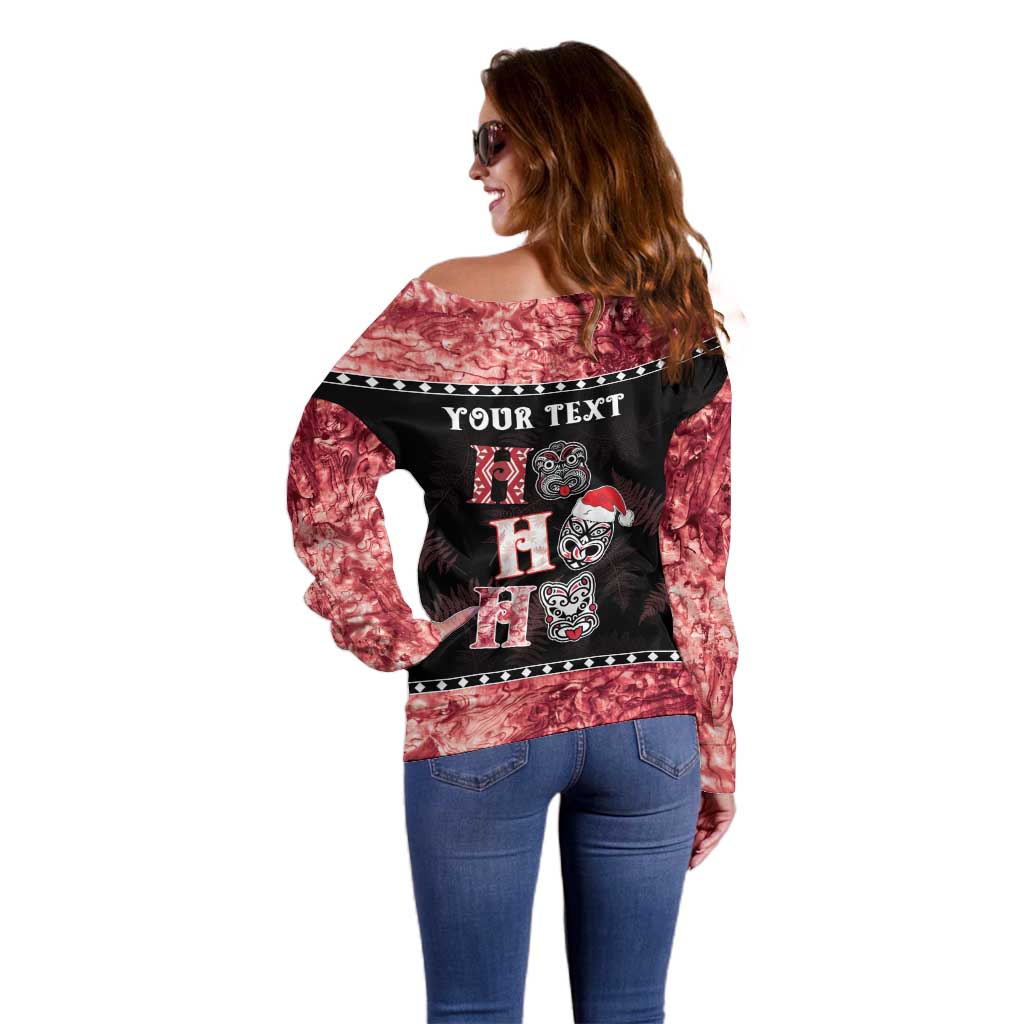 Personalised New Zealand Tiki Christmas Off Shoulder Sweater Ho Ho Ho Paua Shell Glitter Red LT05 - Polynesian Pride