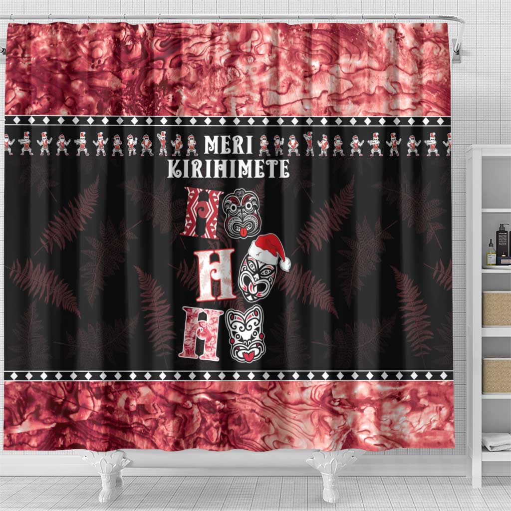 New Zealand Tiki Christmas Shower Curtain Ho Ho Ho Paua Shell Glitter Red LT05 - Polynesian Pride