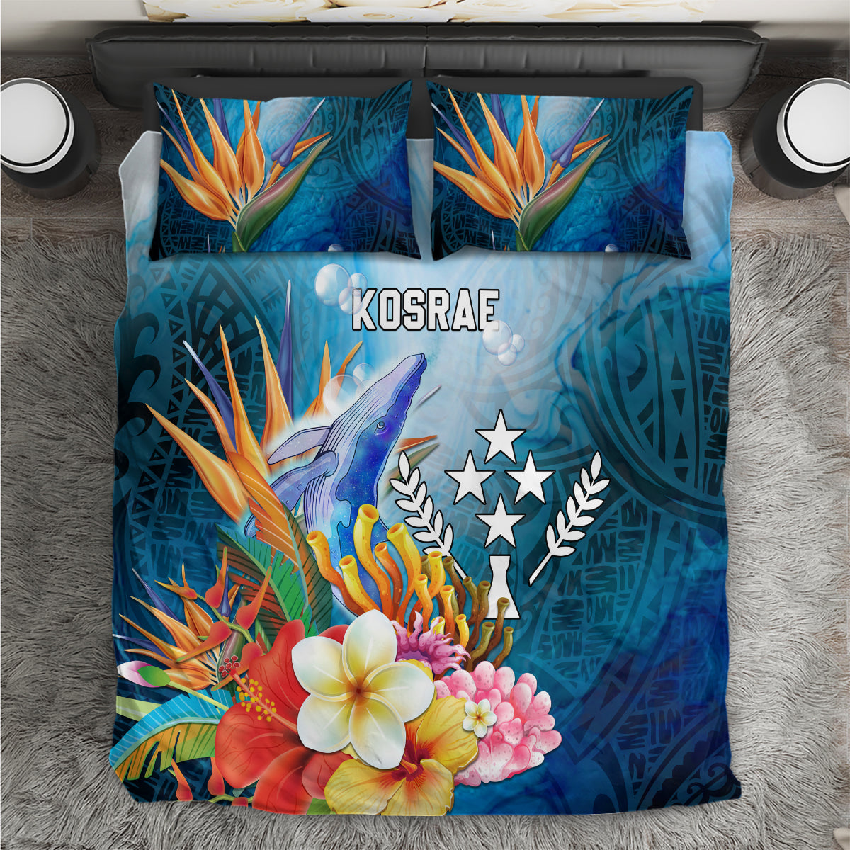 Kosrae Constitution Day Bedding Set Humpback Whale Tropical Flowers LT05 Blue - Polynesian Pride