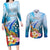 Personalised Kosrae Constitution Day Couples Matching Long Sleeve Bodycon Dress and Long Sleeve Button Shirt Humpback Whale Tropical Flowers LT05 Blue - Polynesian Pride