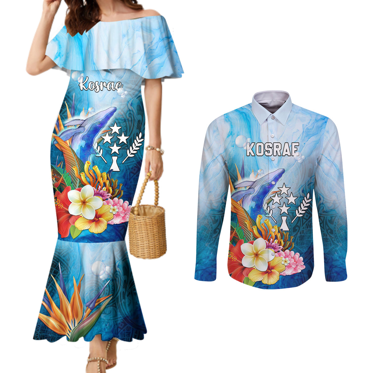 Personalised Kosrae Constitution Day Couples Matching Mermaid Dress and Long Sleeve Button Shirt Humpback Whale Tropical Flowers LT05 Blue - Polynesian Pride