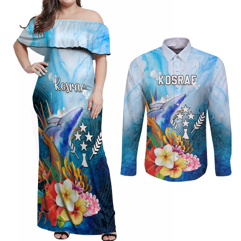 Personalised Kosrae Constitution Day Couples Matching Off Shoulder Maxi Dress and Long Sleeve Button Shirt Humpback Whale Tropical Flowers LT05 Blue - Polynesian Pride