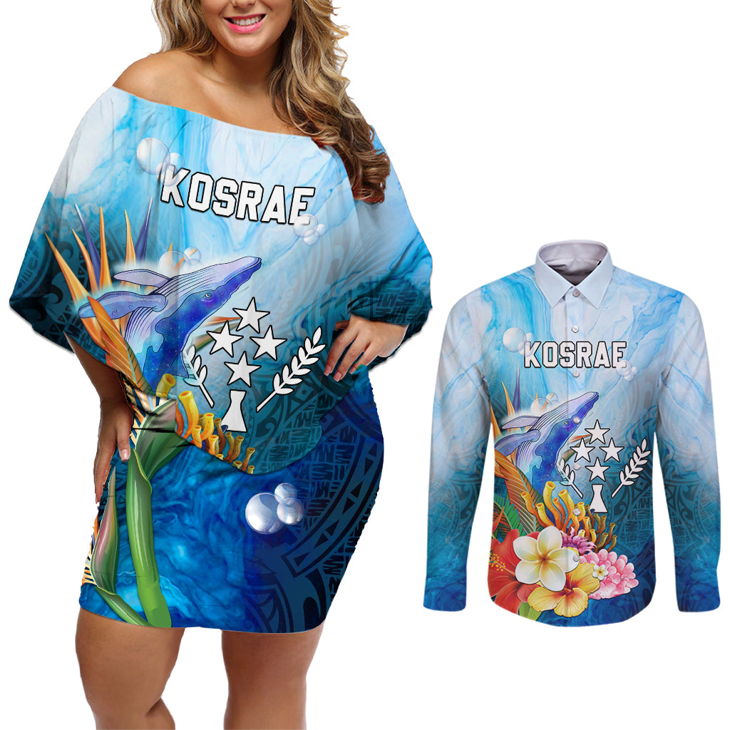 Personalised Kosrae Constitution Day Couples Matching Off Shoulder Short Dress and Long Sleeve Button Shirt Humpback Whale Tropical Flowers LT05 Blue - Polynesian Pride