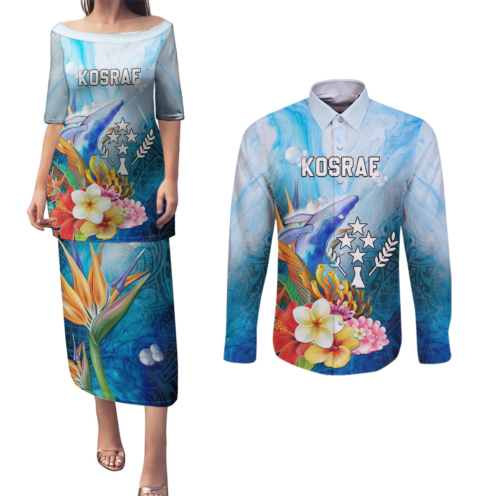 Personalised Kosrae Constitution Day Couples Matching Puletasi Dress and Long Sleeve Button Shirt Humpback Whale Tropical Flowers LT05 Blue - Polynesian Pride