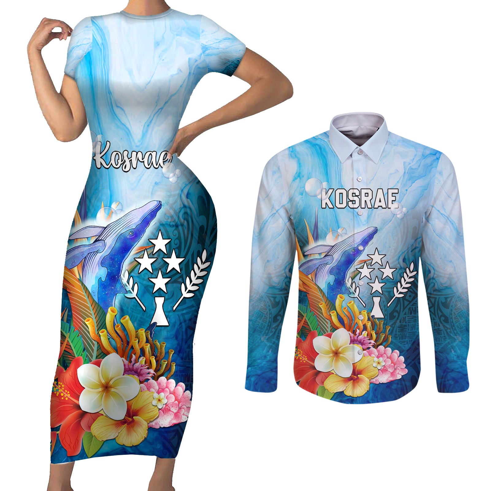 Personalised Kosrae Constitution Day Couples Matching Short Sleeve Bodycon Dress and Long Sleeve Button Shirt Humpback Whale Tropical Flowers LT05 Blue - Polynesian Pride