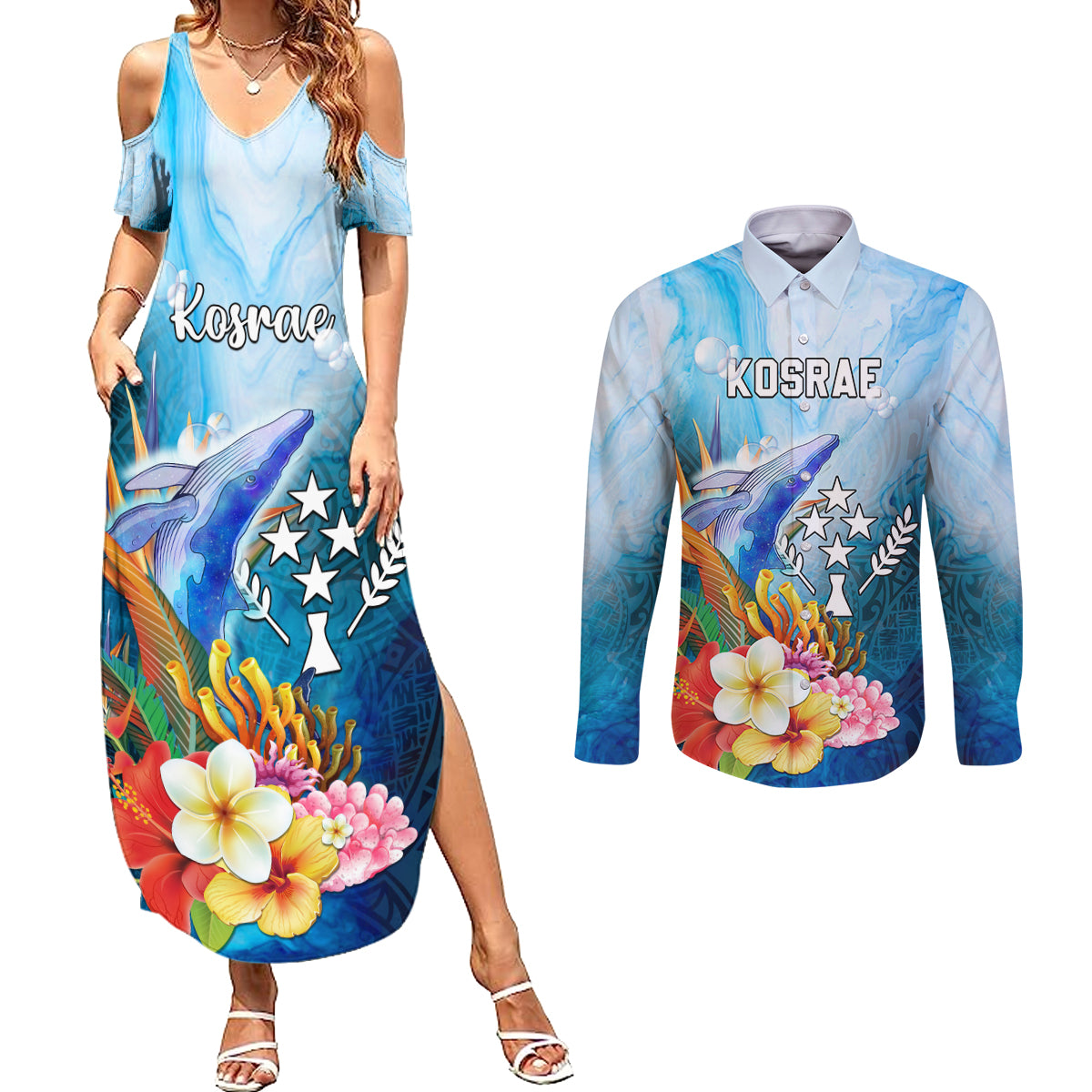 Personalised Kosrae Constitution Day Couples Matching Summer Maxi Dress and Long Sleeve Button Shirt Humpback Whale Tropical Flowers LT05 Blue - Polynesian Pride