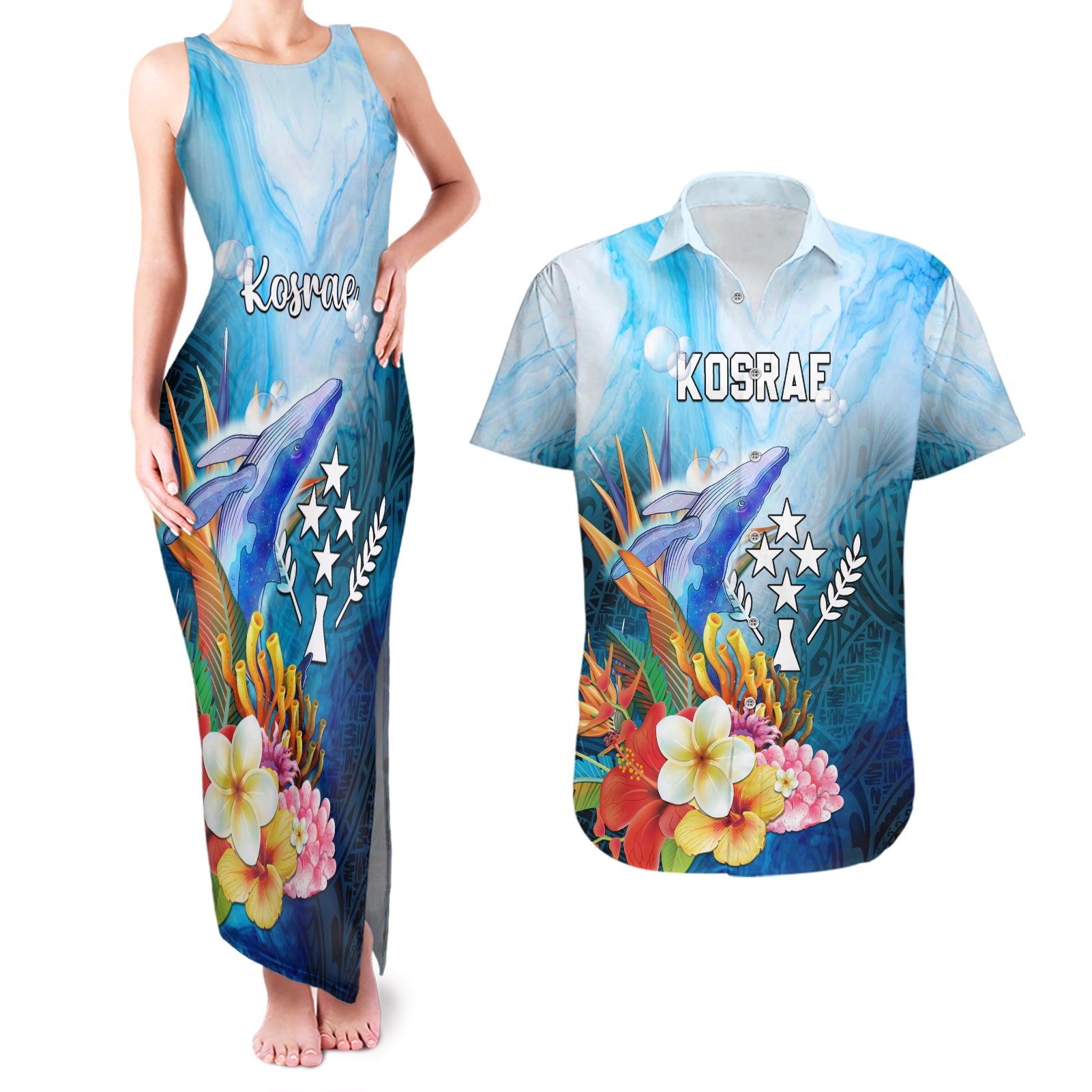 Personalised Kosrae Constitution Day Couples Matching Tank Maxi Dress and Hawaiian Shirt Humpback Whale Tropical Flowers LT05 Blue - Polynesian Pride