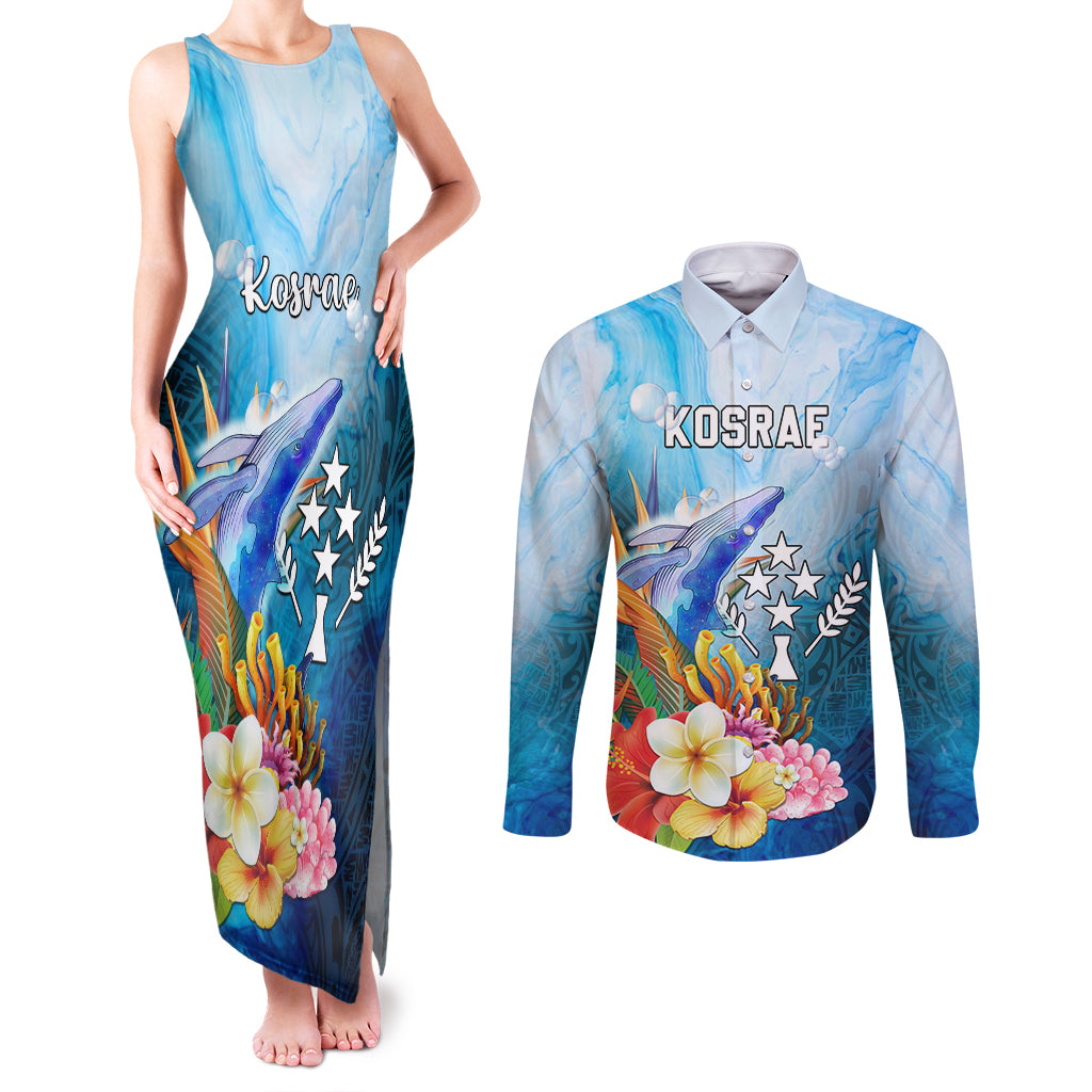 Personalised Kosrae Constitution Day Couples Matching Tank Maxi Dress and Long Sleeve Button Shirt Humpback Whale Tropical Flowers LT05 Blue - Polynesian Pride