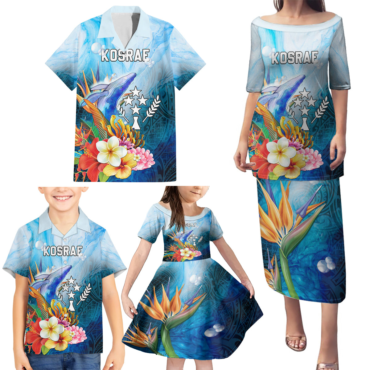 Personalised Kosrae Constitution Day Family Matching Puletasi Dress and Hawaiian Shirt Humpback Whale Tropical Flowers LT05 - Polynesian Pride