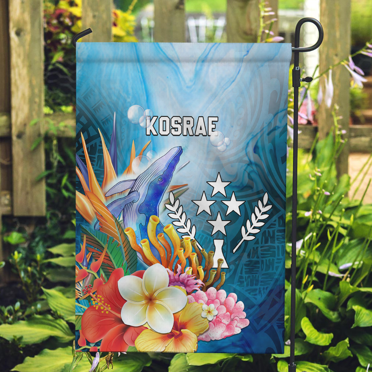 Kosrae Constitution Day Garden Flag Humpback Whale Tropical Flowers LT05 Garden Flag Blue - Polynesian Pride