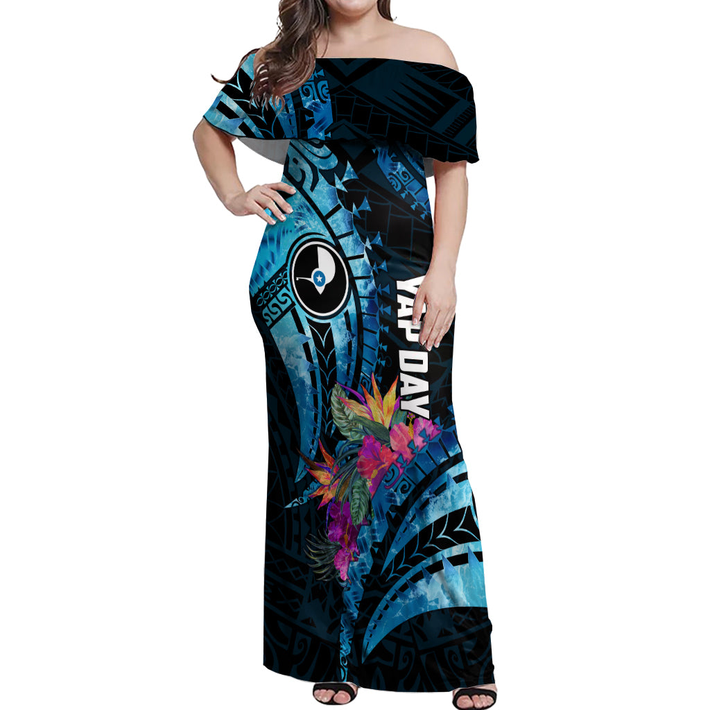 Personalised FSM Yap State Day Off Shoulder Maxi Dress Tropical Flowers Tribal Pattern LT05 Women Blue - Polynesian Pride