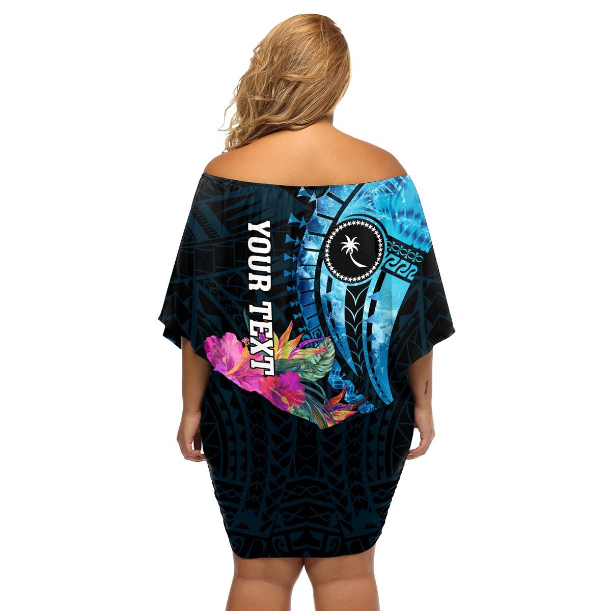 Personalised FSM Chuuk State Off Shoulder Short Dress Tropical Flowers Tribal Pattern LT05 - Polynesian Pride