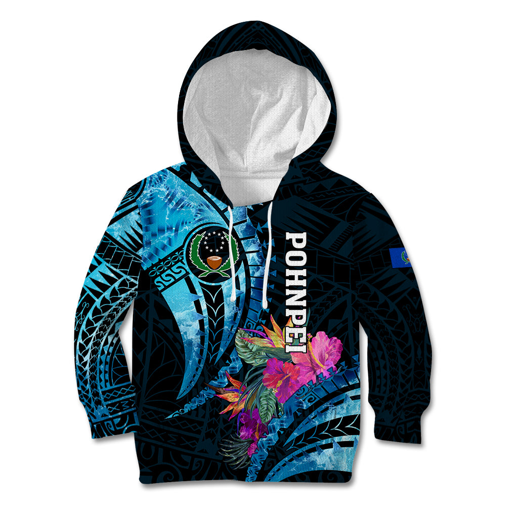 Personalised FSM Pohnpei State Kid Hoodie Tropical Flowers Tribal Pattern LT05 Hoodie Blue - Polynesian Pride