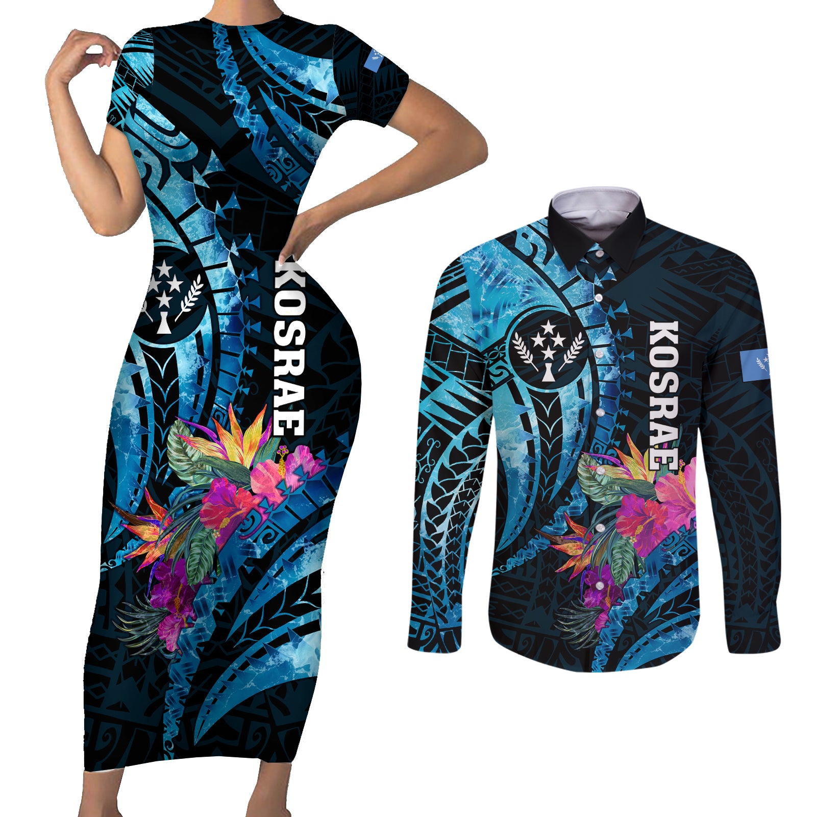 Personalised FSM Kosrae State Couples Matching Short Sleeve Bodycon Dress and Long Sleeve Button Shirt Tropical Flowers Tribal Pattern LT05 Blue - Polynesian Pride