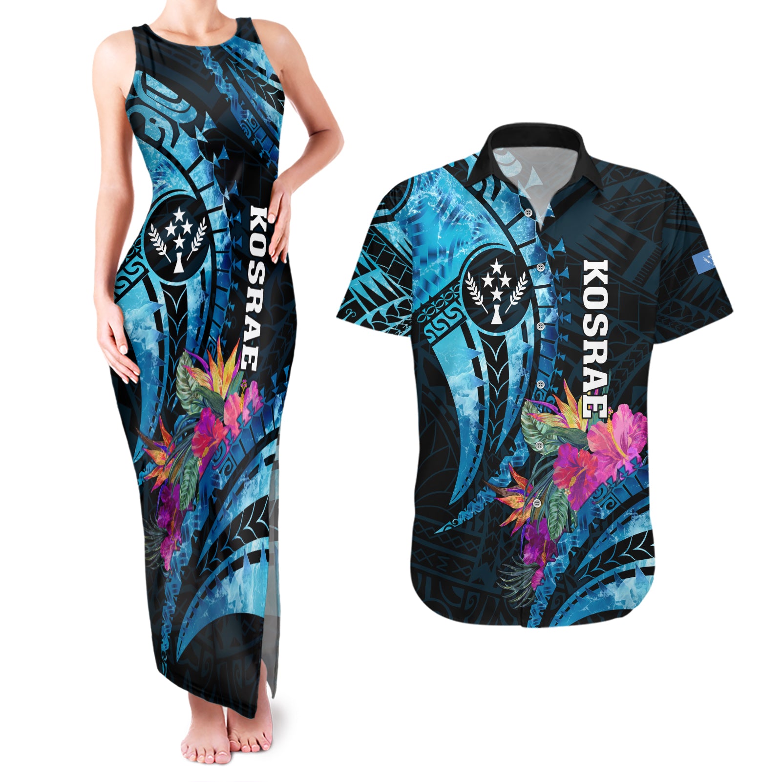 Personalised FSM Kosrae State Couples Matching Tank Maxi Dress and Hawaiian Shirt Tropical Flowers Tribal Pattern LT05 Blue - Polynesian Pride