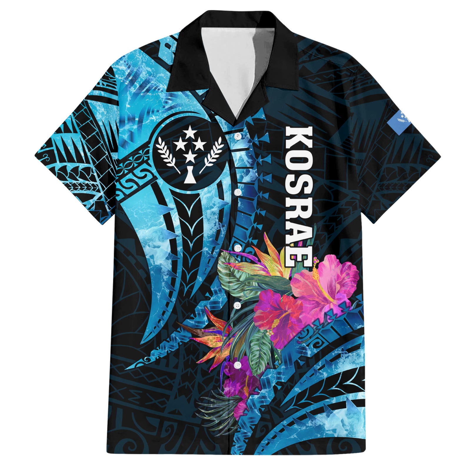 Personalised FSM Kosrae State Hawaiian Shirt Tropical Flowers Tribal Pattern LT05 Blue - Polynesian Pride