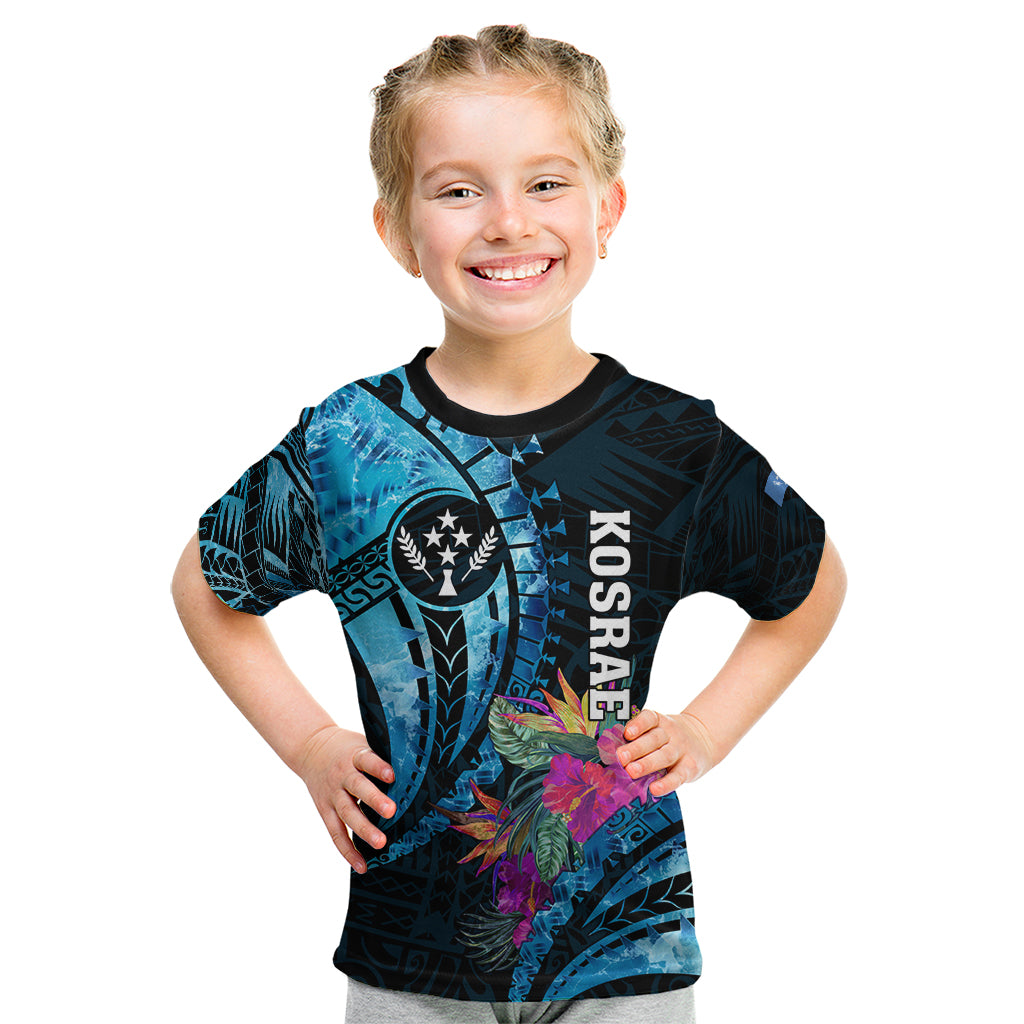 Personalised FSM Kosrae State Kid T Shirt Tropical Flowers Tribal Pattern LT05 Blue - Polynesian Pride