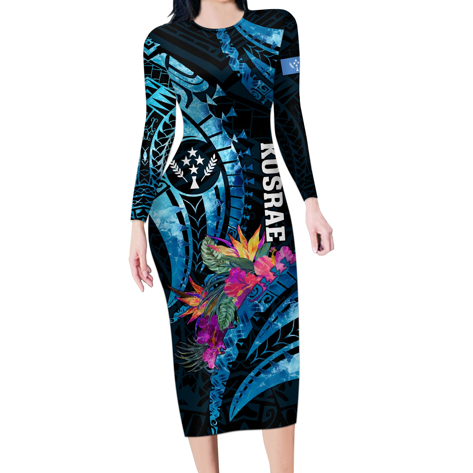 Personalised FSM Kosrae State Long Sleeve Bodycon Dress Tropical Flowers Tribal Pattern LT05 Long Dress Blue - Polynesian Pride