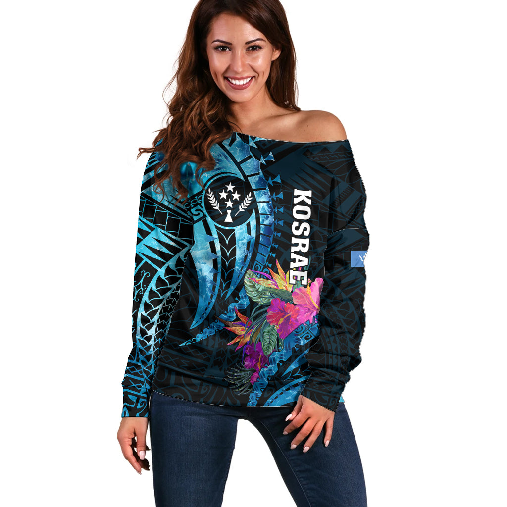 Personalised FSM Kosrae State Off Shoulder Sweater Tropical Flowers Tribal Pattern LT05 Women Blue - Polynesian Pride