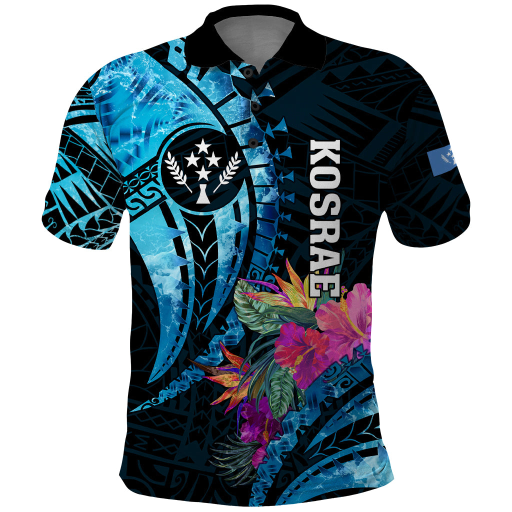 Personalised FSM Kosrae State Polo Shirt Tropical Flowers Tribal Pattern LT05 Blue - Polynesian Pride