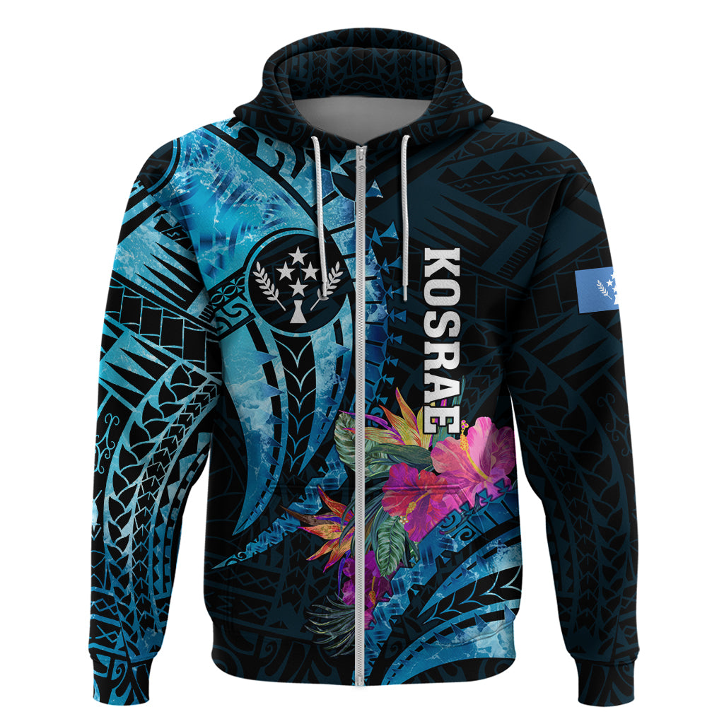 Personalised FSM Kosrae State Zip Hoodie Tropical Flowers Tribal Pattern LT05 Zip Hoodie Blue - Polynesian Pride